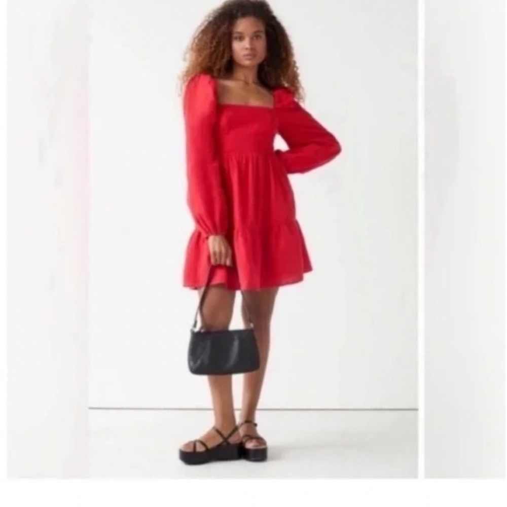 & OTHER STORIES Linen Peasant Dress Cottagecore Puff Sleeve Red Ruffle 4 EUR 36 - Picture 2 of 10